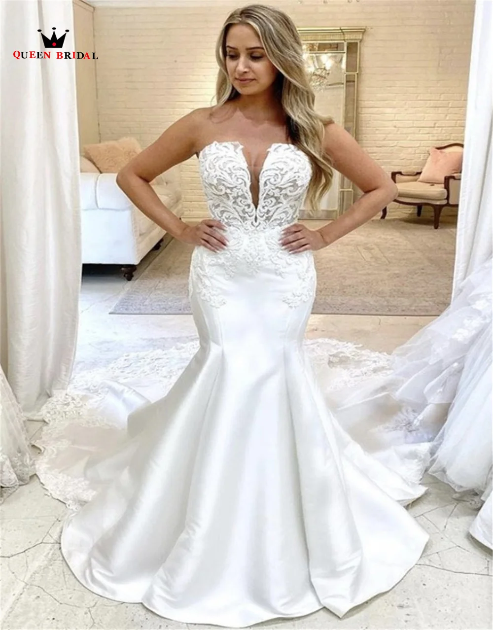 Robe de mariée sirène en satin et dentelle avec appliques en cristal, robes de mariée sexy, robe de mariée formelle élégante, sur mesure, luxe, DE41