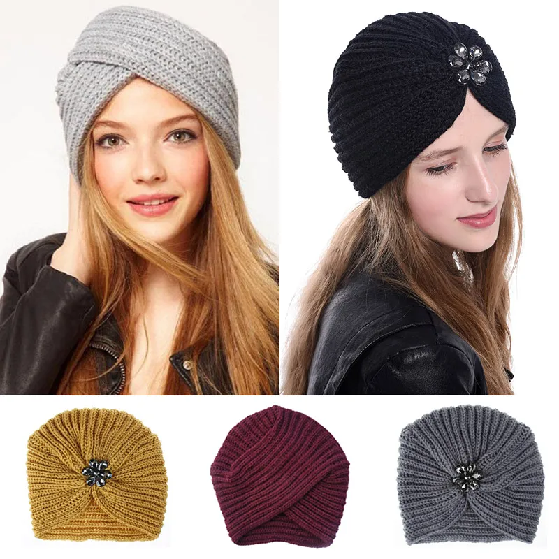 Women's hat Bohemian Style Warm Spring Autumn Knitted Cap Fashion Boho Soft Hair Accessories Turban Solid Color Muslim Hat