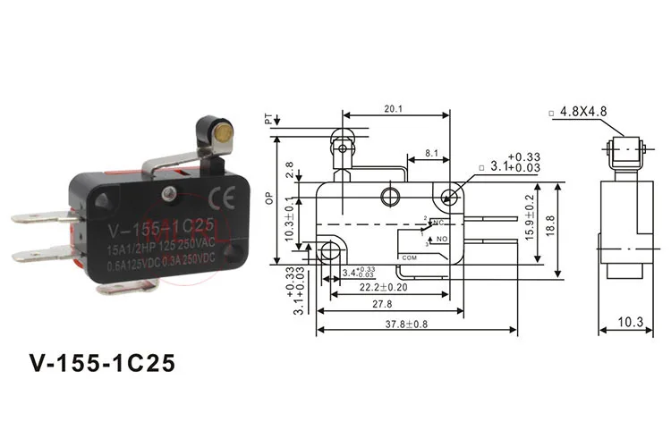 Free shipping 100PCS Small stroke limit micro switch V-155-1C25 silver contact V-1C25 series NO/NC