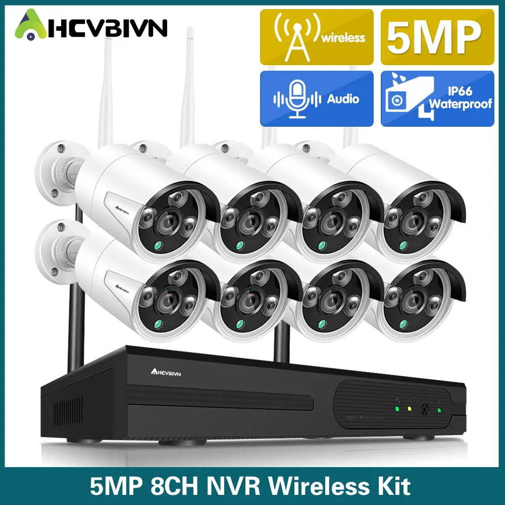 

AHCVBIVN 8CH Wi-Fi Wireless 5MP NVR CCTV System 4/8pcs IP Camera WIFI Outdoor Waterproof Audio Security Camera Kit with 2T HDD