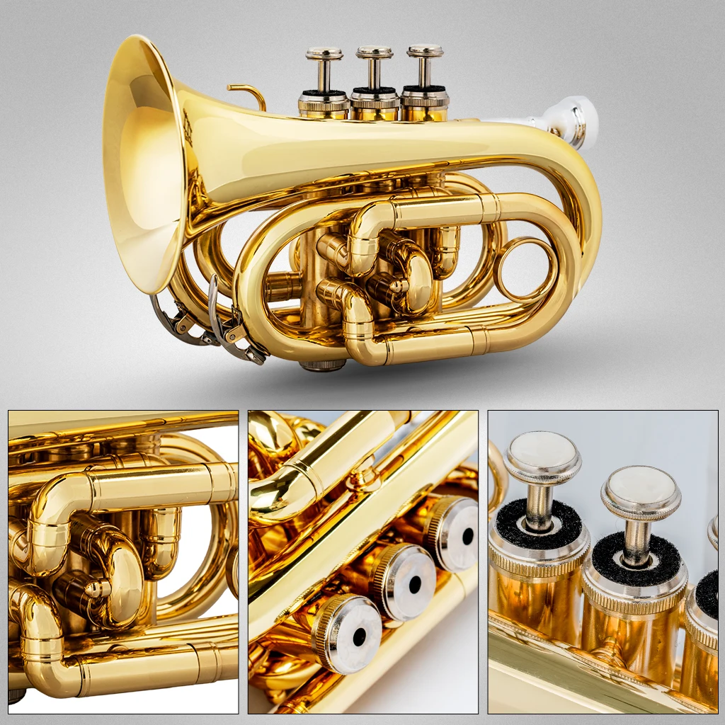 LOMMI Professional Pocket Trumpet Tone Flat B Bb Brass Wind Instrument W/Mouthpiece Gloves Cloth Brush Grease Hard Case