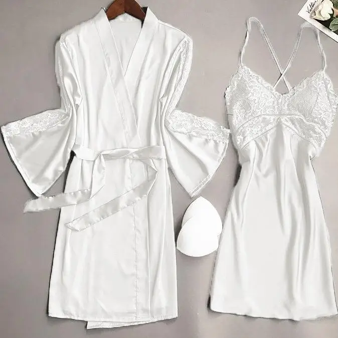 WHITE Bride Bridesmaid Wedding 2PCS Robe Set Lace Trim Sleepwear Sexy Women Satin Kimono Bathrobe Casual Home Clothes Nightwear