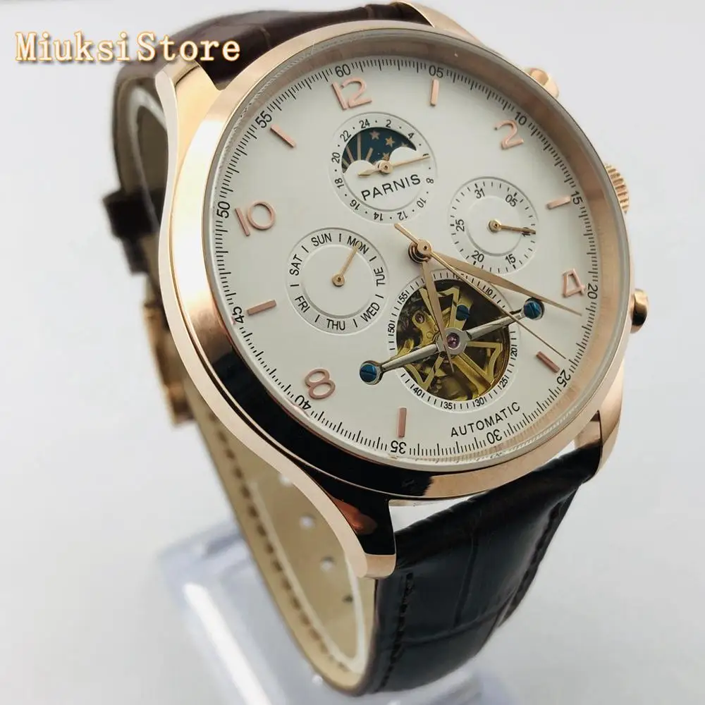 Parnis new 43mm rose gold case white dial date leather strap waterproof automatic mens top leisure flywheel mechanical watch