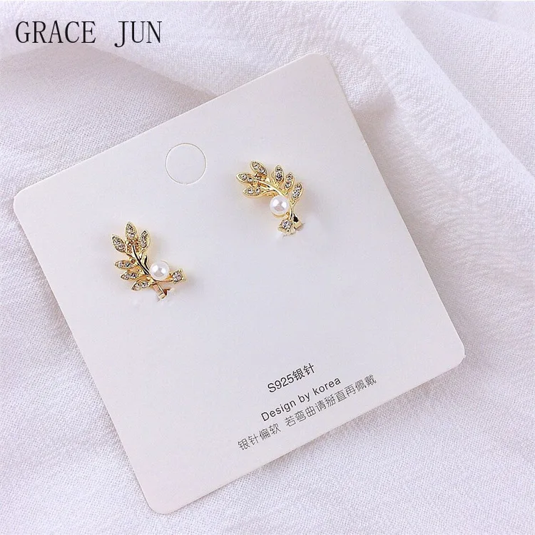 GRACE JUN Korean Style Leaf Clip on Earrings for Women Girl High Quality Rhinestone Pearl Gold Color Fake Piercing Cuff Earrings