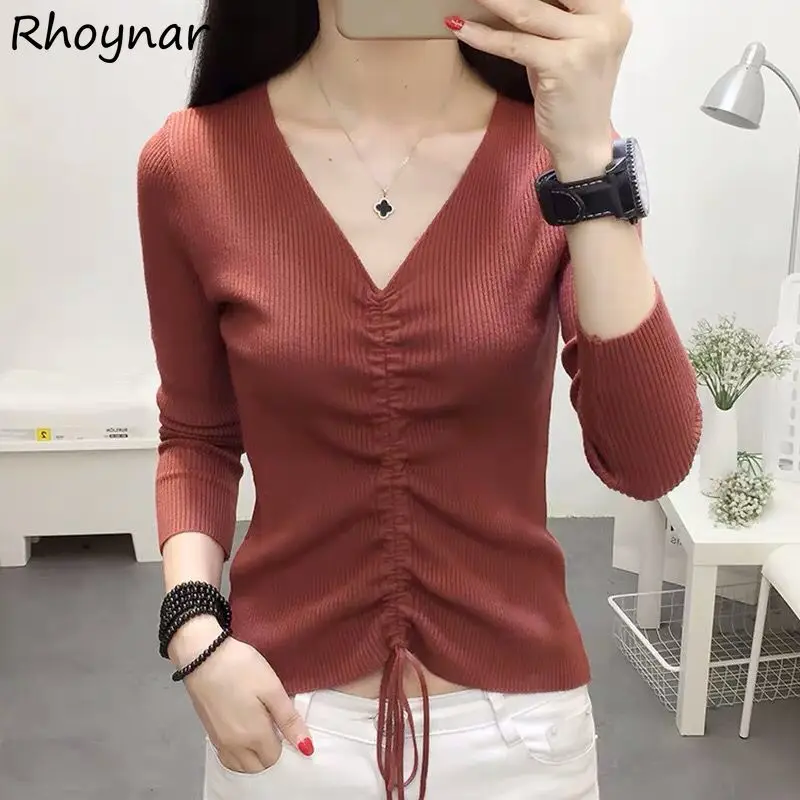 

Pullovers Women Shirring V-neck Inside Spring Fall Temperament Ladies Prevalent Sweaters Femme 10 Colors Charming Elegant Tender