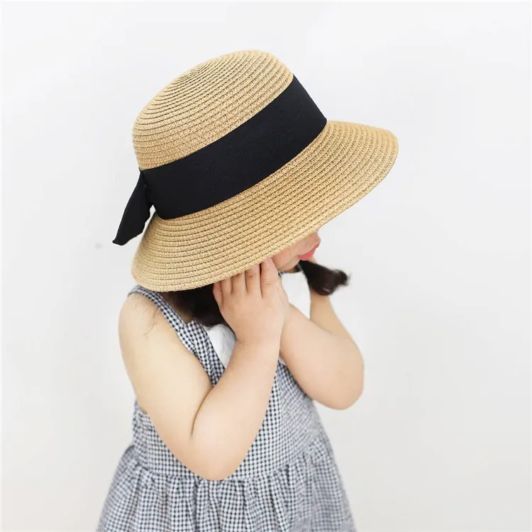 Spring Summer Children Baby Girl Straw Plaited Bucket Hat Beach Holiday Round Top Outdoor Bow Sun Block Hat Cap for Kids Girls