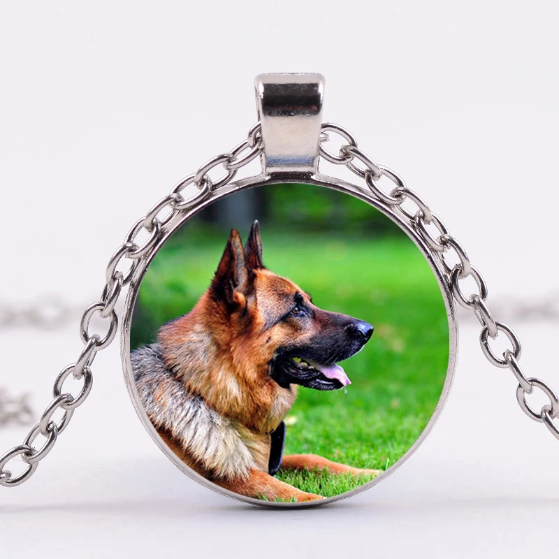 FIMAODZ German Shepherd Necklace Fashion Dog Photo Glass Round Pendant Chain Animal Jewelry for Men Women Birthday Gift