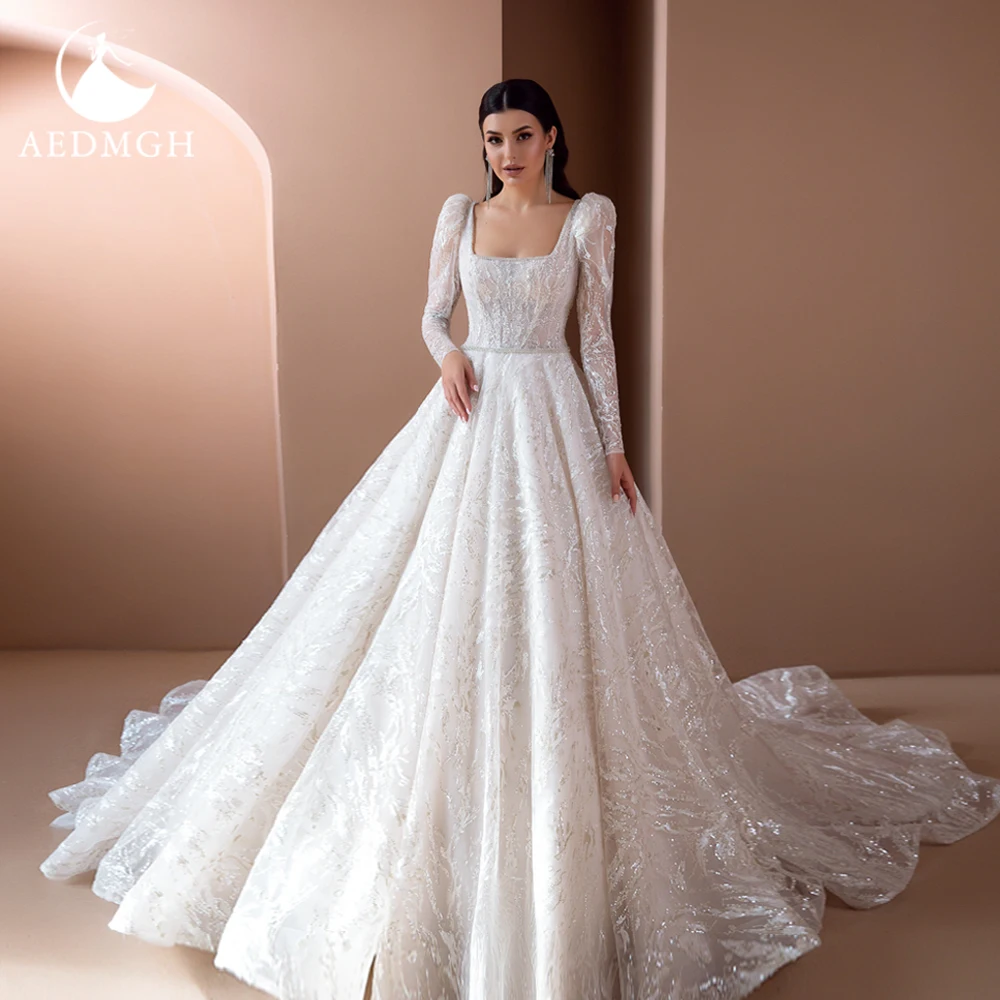 Aedmgh A-Line Wedding Dresses Square Collar Long Sleeve Court Train Vestido De Novia Lace Appliques Custom Made Bridal Gown