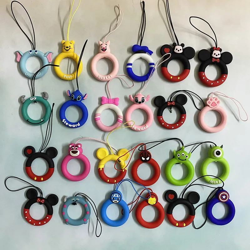 100Pcs Disney Finger Ring Phone Strap Silicone Mobile Phone Lanyard Donuts Wreath Charm Strap For Airpods Key ID Card Lanyards