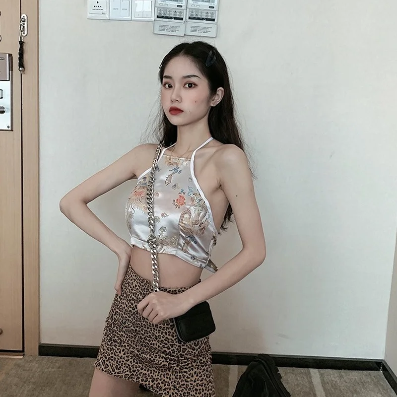 Tanks Women Dragon and Phoenix Embroidery Sexy Retro Backless Crop Tops Halter Clubwear Fashion Slim Lace-up Outwear All-match