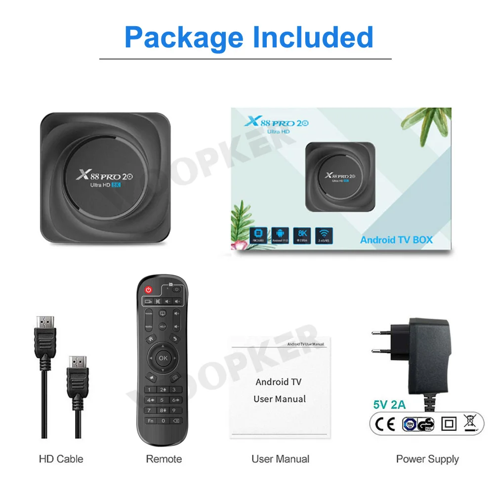 Woopker TV Box Android 11 X88 Pro 20 Rockchip RK3566 8GB RAM 128GB ROM Smart TV Box 8K 2.4G 5.8G WIFI Voice Control Set Top Box