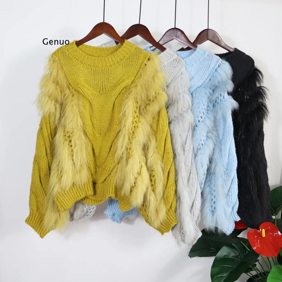 New Spring Winter Faux Raccoon Fur Knitted Coat Female Women O Neck Sweater Pullover Knitwear Women Sweater