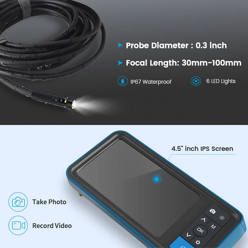 1080P HD Endoscope Camera MS450 Dual Lens Borescope with 4.5"IPS Screen 8 mm Borescope Sewer Camera with 32GB Card Carrying Case