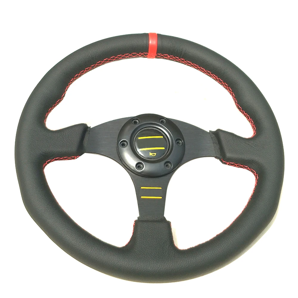 13\'\' Volante Car Sport Steering Wheel 330mm Flat Genuine Leather Game Steering Wheel For PC Red/Yellow Stitching