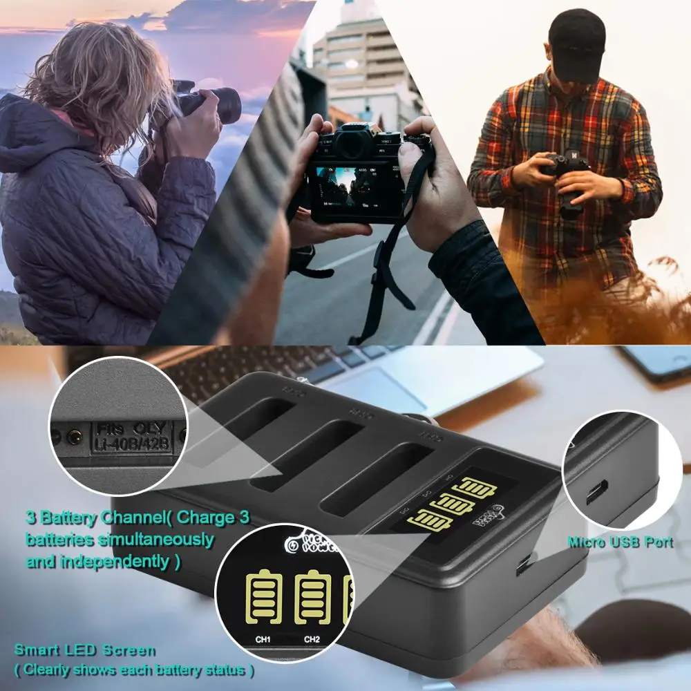 Pickle Power 1200mAh Li-40B Li-42B EN-EL10 batería LED 3 ranuras cargador para Olympus para FUJIFILM NP-45 NP 45 NP45 NP 45A 45B 45S