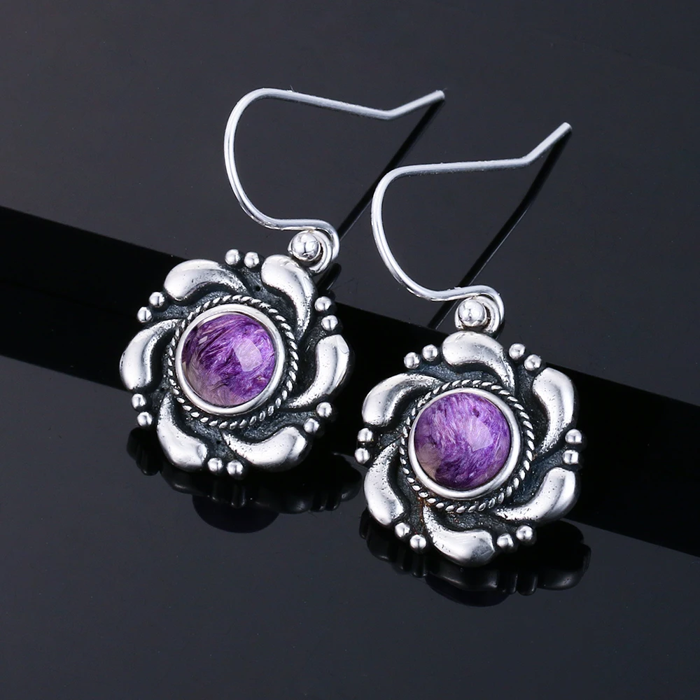 Fine Jewelry 925 Silver Earring for Women Natural Charoite Drop Earrings for Party Anniversary Gift Wholesale