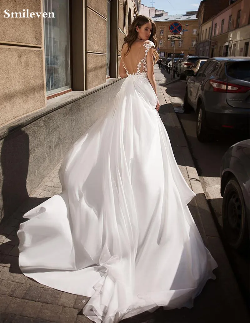 Vestido de noiva branco com smile, moda praia, vestido de futura esposa com mangas longas, 2021