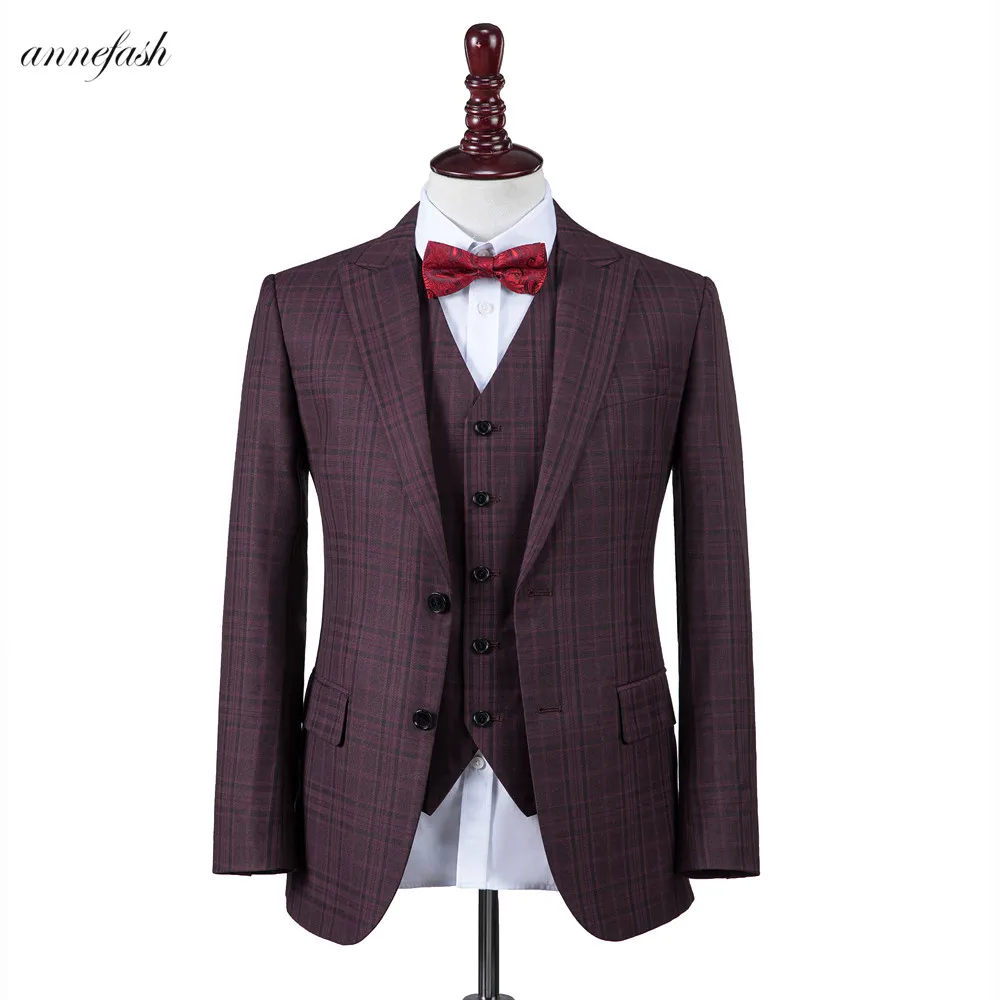 

Custom made Windowpane check pattern Men suit Slim Fit Wine red plaid casual blazer Wedding Suit