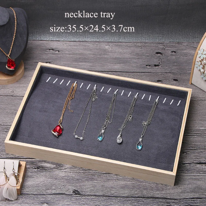 Deep Gray Suede Nap Fabric Necklace Ring Jewelry Tray Jewellery Box Organizer Wooden Earrings Rangement Packaging Wholesale