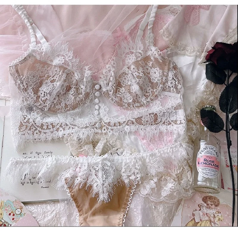 

Light luxury ultra-thin lingerie panties suit sexy eyelash lace underwear button camisole bra set with steel ring bralette