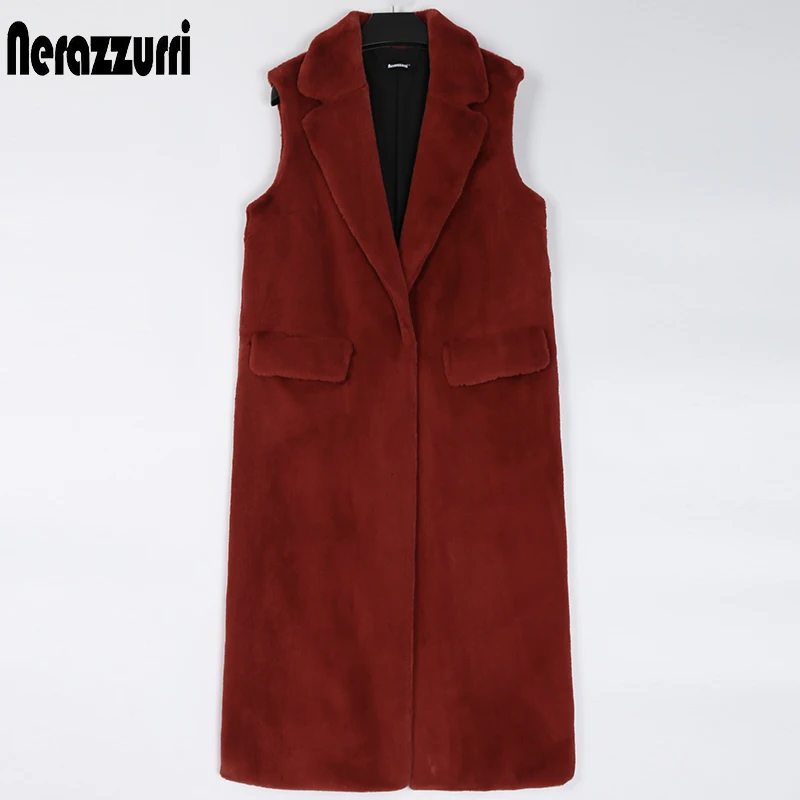 Nerazzurri Winter Warm Long Fluffy Soft Faux Fur Vest Women Lapel White Black Red Sleeveless Jacket Stylish Waistcoat 2021