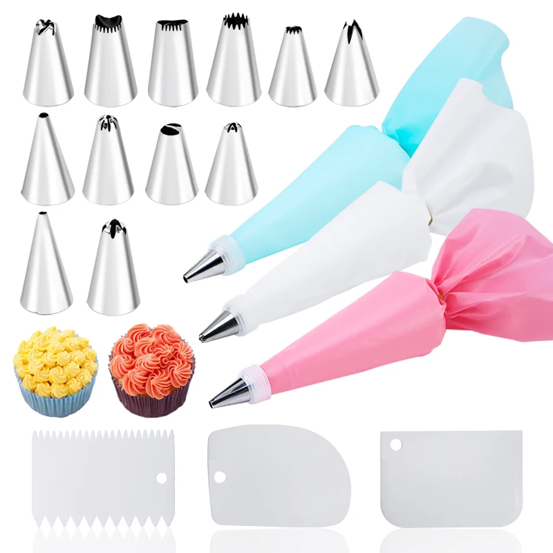 6-24 Pcs Set Pastry Bag and Stainless Steel Cake Nozzle Kitchen Accessories For Decorating Bakery Confectionery Equipment