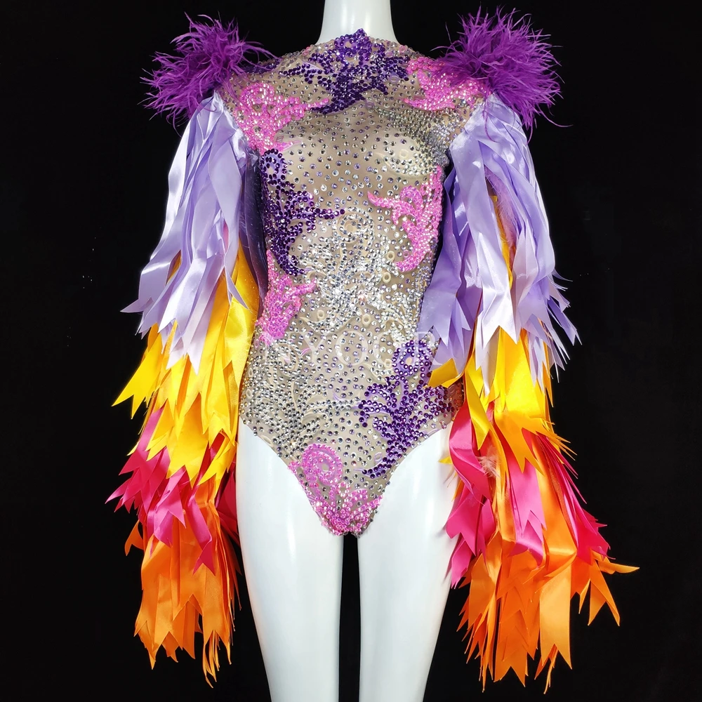 Fashion Stage Wear Ribbon Strip Feather Sleeve Rhinestones Bodysuit Women Nightclub Bar Party Outfit Performance Dance Costume