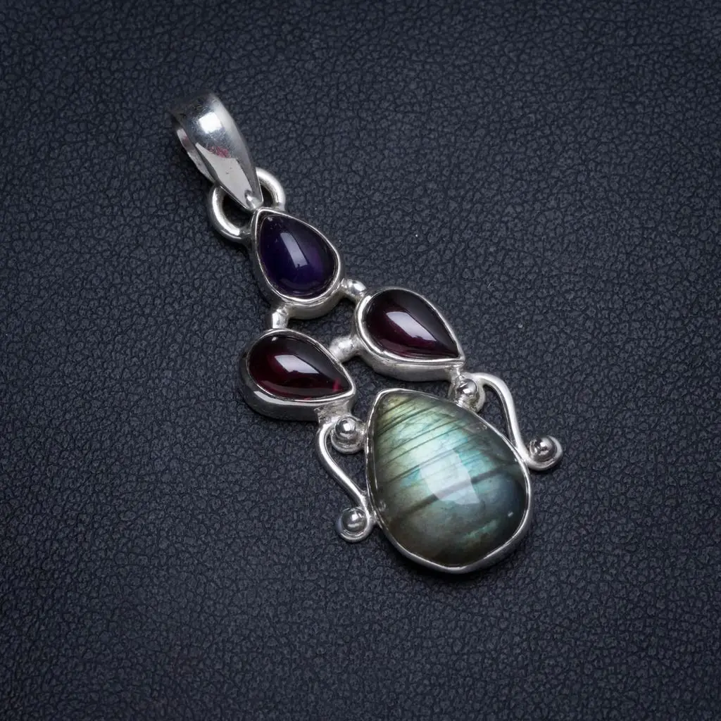 

Natural Blue Fire Labradorite and Amethyst Handmade Unique 925 Sterling Silver Pendant 1.75" X0075