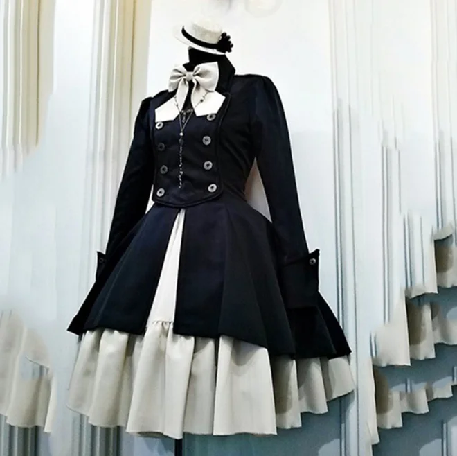 2022 vintage gothic lolita vestido op plissado laço laço botão até o joelho comprimento vestido de manga longa doce vestido