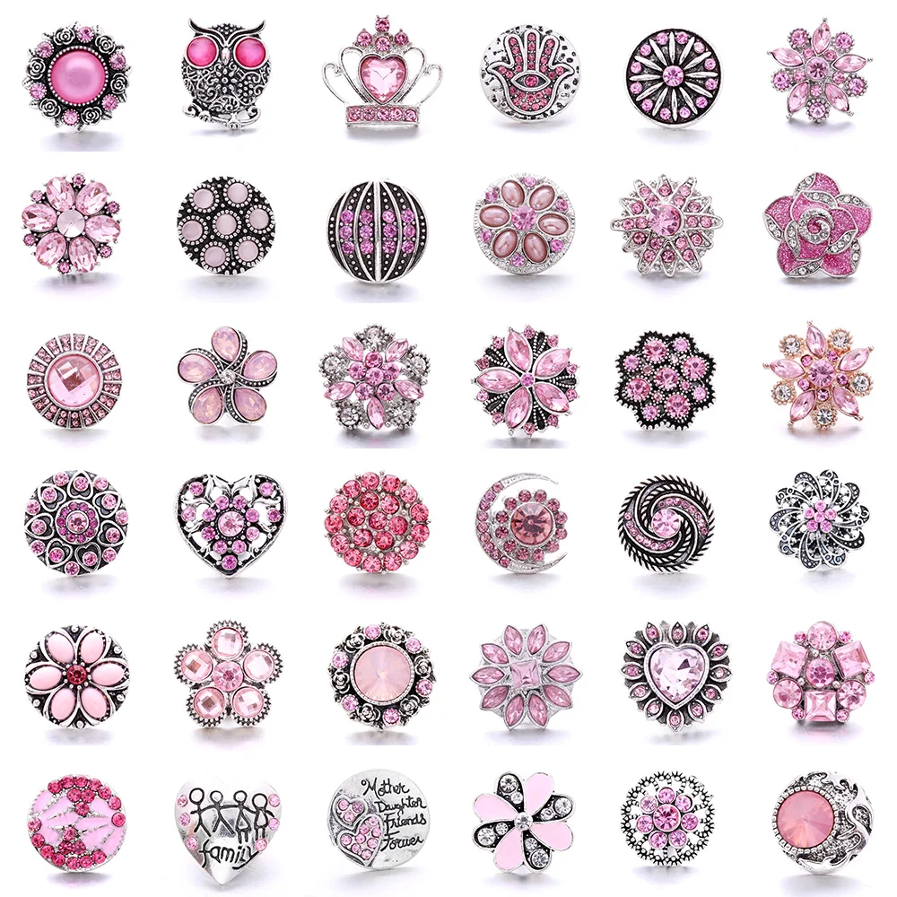 

5pcs/lot Snap Button Jewelry 18mm Pink Rhinestone Snap Buttons Fit Leather Snap Bracelet Heart Owl Interchangeable Jewelry