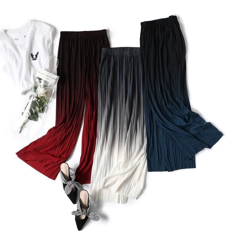 Women\'s Ice Silk Gradient Wide Leg Pants Pleated Ankle Length Large Size Elastic High Waist Female Summer Loose Trousers