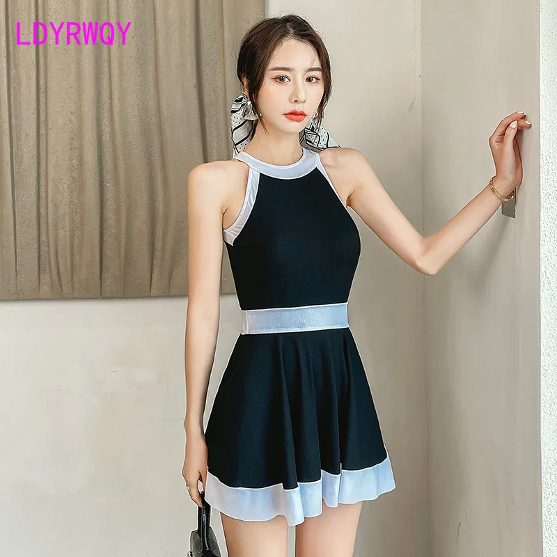 

LDYRWQY 2021 New Fashion Sexy Temperament Round Neck Sleeveless Black Stitching Slim One-Piece Bikini Swimsuit