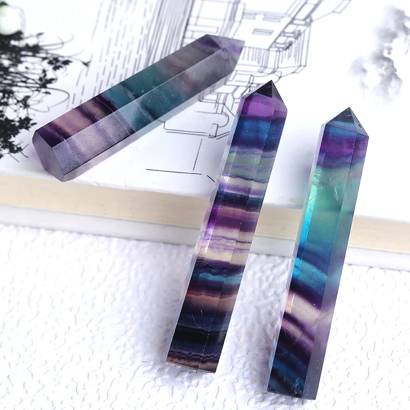 1PC Natural Crystal Striped Fluorite Magic Point Health Energy Hexagonal Ornament Colorfull Fluorite Crystal Column Stone Gifts