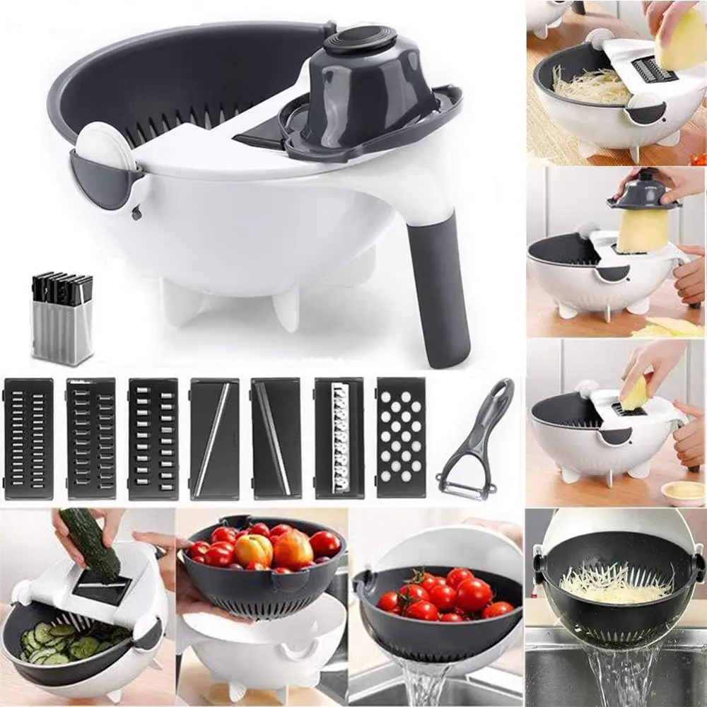 

LMETJMA 9 in 1 Multifunctional Magic Rotate Vegetable Slicer with 2L Drain Basket Veggie Fruit Shredder Grater Slicer KC0291