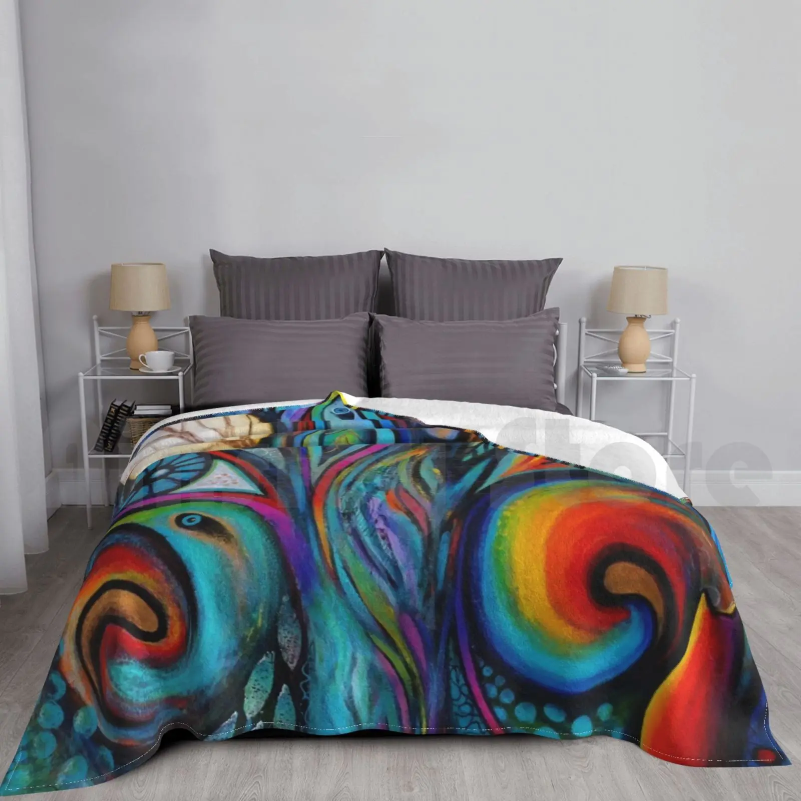Manta mágica de luna para sofá cama, viaje, árbol de la vida, pájaros, espíritus, gato, Luna, arte visionario, sueño surrealista abstracto