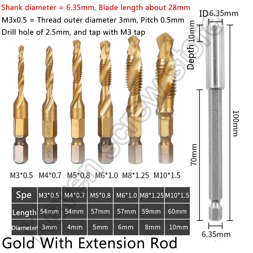 6PCS Titanium Plated Hex Shank HSS Screw Thread Metric Tap Drill Bits Screw Machine Compound M3-M10 Hand Tools