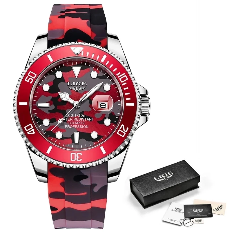 2022 New Fashion Men Watches LIGE Top Brand Luxury Camouflage Quartz Wrist Watch Sport Red Silicone Watch for Men Reloj Hombre