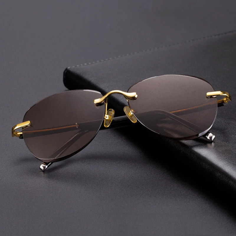 Vintage Rimless Sunglasses Men Women Natural Crystal Stone Lens Driving Sun Glasses Retro Pilot Sunglass Man UV400 Oculos De Sol