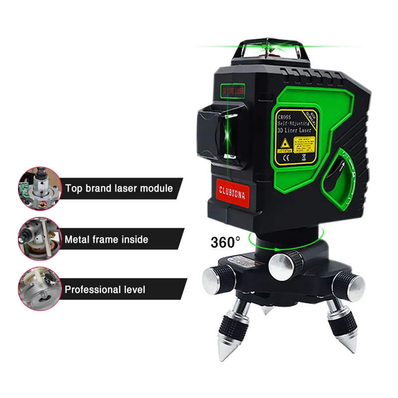 Clubiona Professional 3D 12 Lines Powerful GREEN Beam Laser Level Self-Leveling Vertical & Horizontal Cross Line 360° Rotary