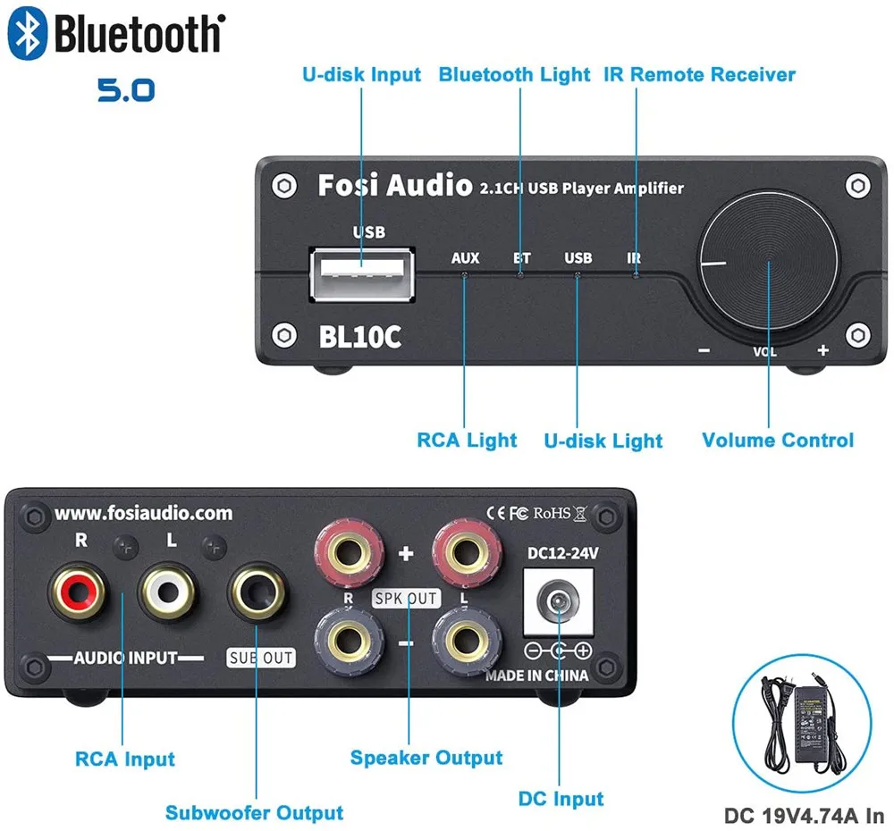 Bluetooth 5.0 Amplifier Stereo Receiver 2.1 Channel Audio Amp Class D Wireless Integrated Power Subwoofer 50Wx2 Fosi Audio BL10C