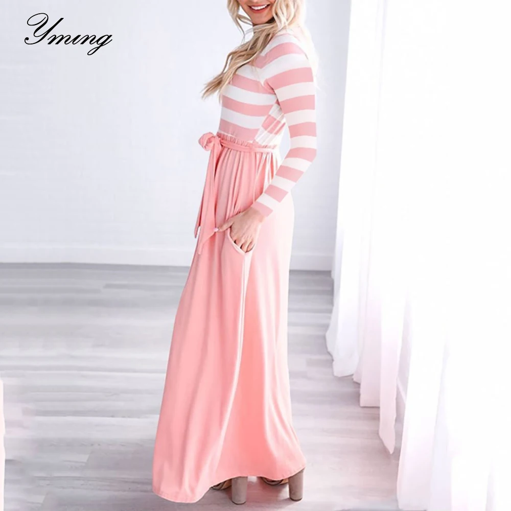 Yming Thu Đông Nữ Đầm Maxi Áo Dây Femme Boho In Sọc ĐẦM DỰ TIỆC Túi Tay Dài Đi Biển Đầm Vestidos Nữ