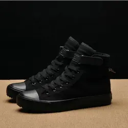 Moda nova masculina luz respirável lona casual todos preto branco vermelho alta superior cor sólida tênis sapatos apartamentos 445