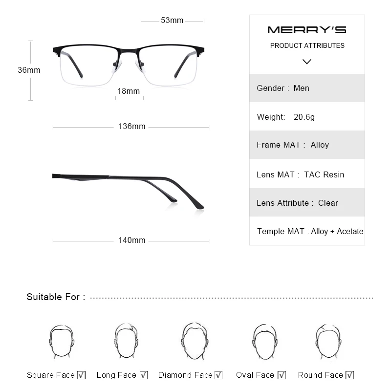 MERRYS DESIGN Men Titanium Alloy Glasses Frame Male Square Half Optical Ultralight Eye Myopia Prescription Eyeglasses S2059