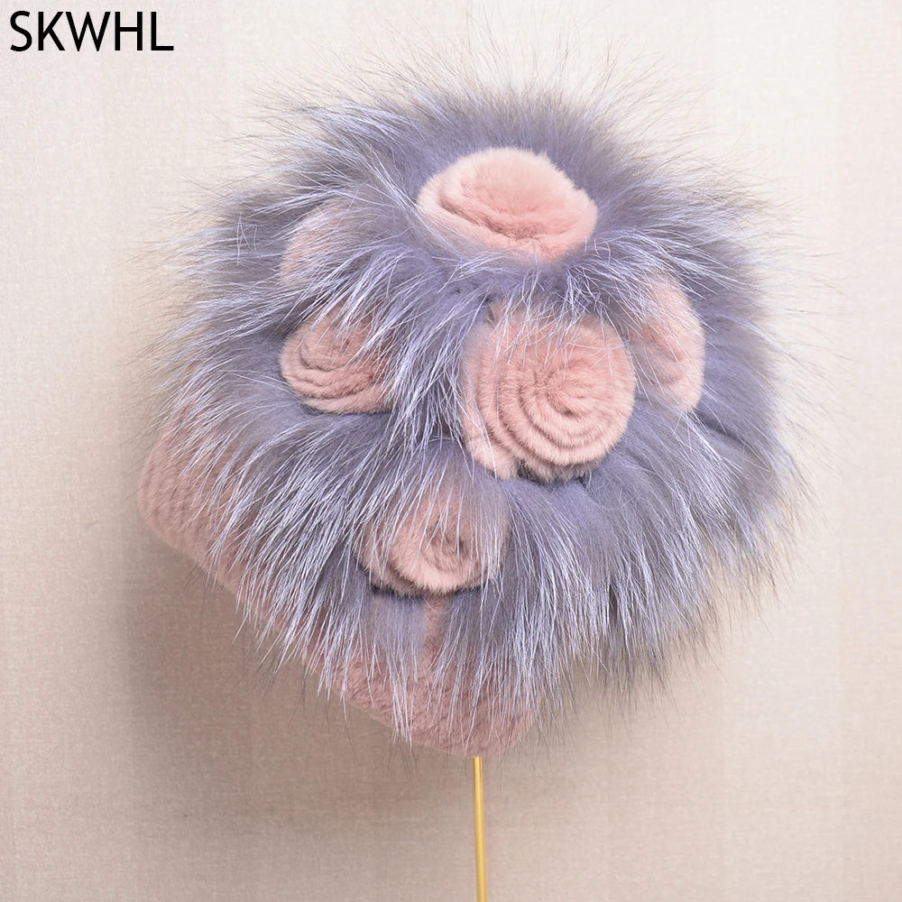 Luxury Women Fur Hat For Winter Natural Rex Rabbit Fox Fur Cap Russian Female Fur Headgear 2024 Brand Fashion Warm Beanies Cap