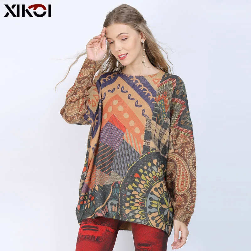 XIKOI Winter Oversized Sweater For Women Warm Long Pullover Dresses Fashion Roman Style Print Jumper Knitted Sweater Pull Femme