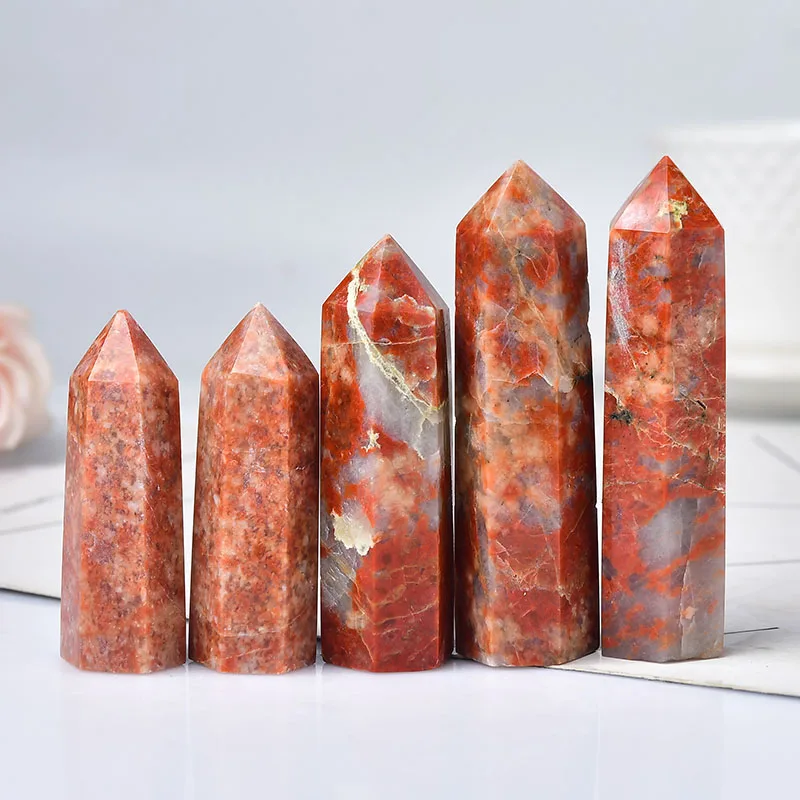 Natural Crystal Red Unakite Tower Quartz Point Healing Stone Hexagonal Prisms Obelisk Wand Treatment Stone DIY Gift 1PC