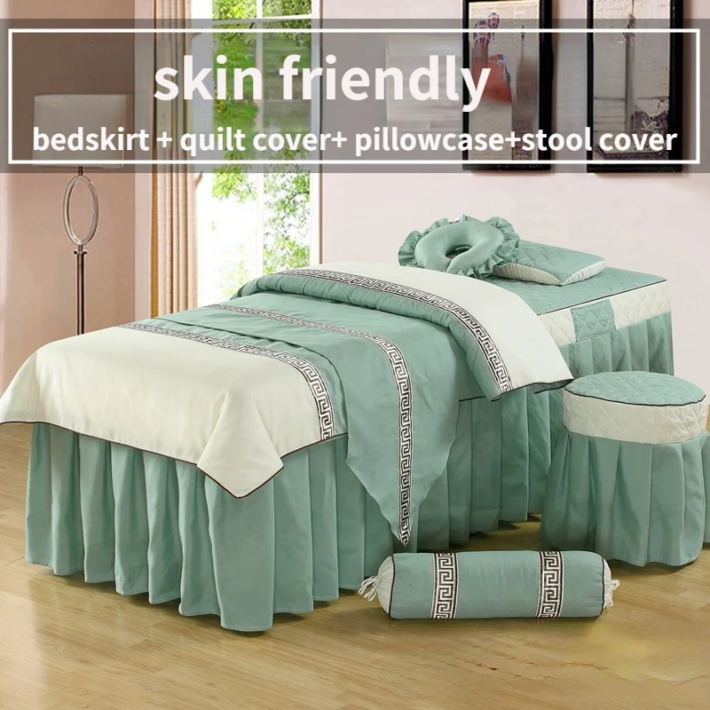 

4 Pcs Quilting Massage Bedding Sets for Beauty Salon Bed Sheet Sets Spa Duvet Cover Bed Skirt Stool Cover Pillowcase with Quilt