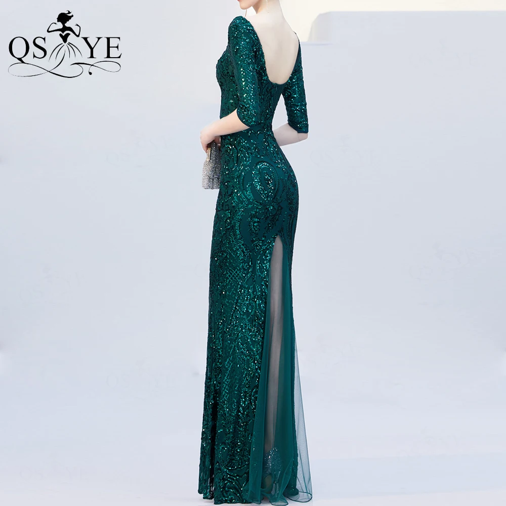 Groene Avondjurk Mermaid Sequin Prom Gown Lange Mouwen Party Dress V-hals Tie Formele Gown Frenum Vetersluiting Habe Vrouwen jurk