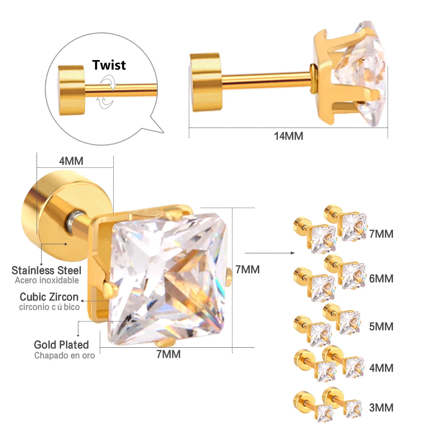 LUXUSTEEL 3mm to 7mm Geometry Square Clear CZ Cubic Zirconia Earrings With Small Stainless Steel Golden Screw Stud Earrings