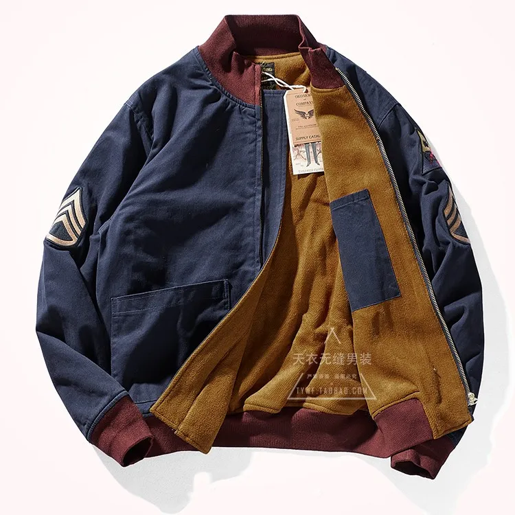 Autumn Winter American Retro Military Style War 2 Improved Tanker Jacket Men\'s Fashion Thickened Stand Collar Jacket with Velvet